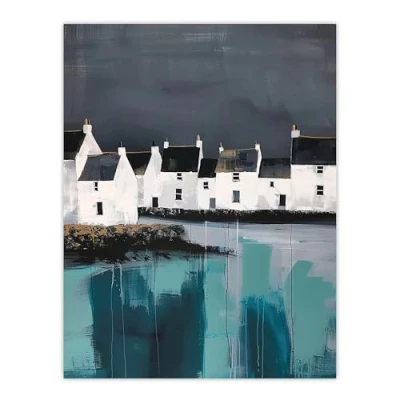 Image of Artery8 Scottish Coastal Village Oil Painting Grey Sky Living Room Large Wall Art Poster Print Thick Paper 18X24 Inch