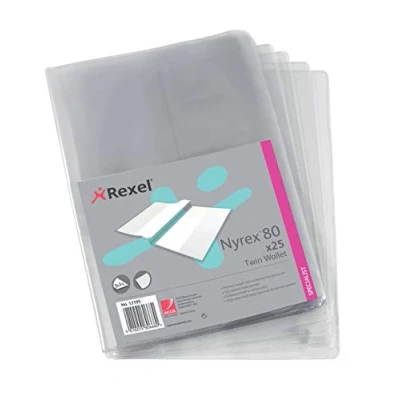 Image of Rexel Nyrex Premium Twin A4 Document Folders, Glass Clear, 100mic, L Folder, Pack of 25, 12195