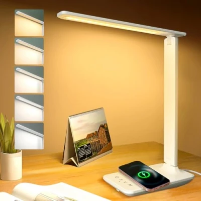 Image of joyshie Desk Lamp Dimmable Led Table Reading Light with USB Charging Port,Wireless Charging, 5 Lighting Modes, Touch Control Light, Foldable Nail for Studying Working Bedside