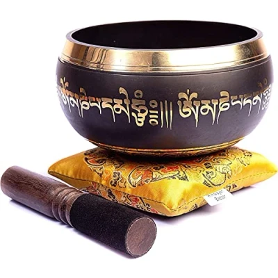 Image of Tibetan Singing Bowl Set Bronze Master Healing Grade With Thangka Art Pure Tone By HIMALAYAN BAZAAR (Black &amp; Yellow)