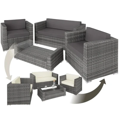 Image of TecTake® Quality Poly Rattan Garden Furniture Set for Summer House, Conservatory, Patio, Comfortable Cushions, 2 Cover Sets, Outdoor Table, Extra Pillows, Easy Care w/Stainless Steel Screws grey