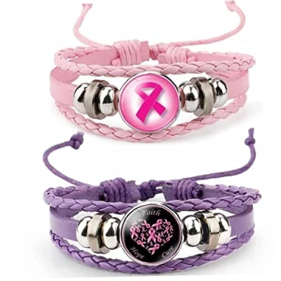 Image of vepoty 2pcs Breast Cancer Awareness Hope Bracelet for Women Pink Ribbon Charm Braided Leather Rope Wrap Bangle Handmade Jewelry