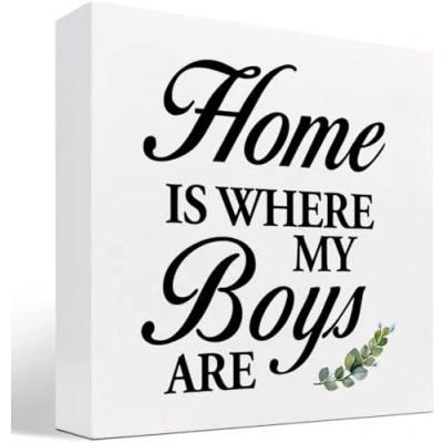 Image of KOPUTE Home is Where My Boys Are Wood Box Sign Decor Desk Sign,Rustic Family Quote Block for Farmhouse Shelf Table 5 x Inches