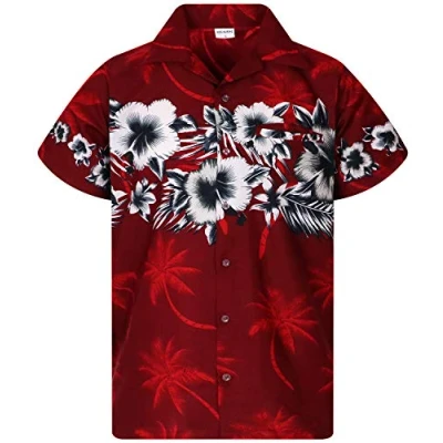 Image of King Kameha Classic Modern Hawaiian Shirt for Men Front Pocket Casual Aloha Shirts, Flower Chest, Red, 3XL