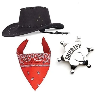 Image of Mega_JumbleSale Men&#039;s Ladies Cowboy Cowgirl Rodeo Wild West Fancy Dress Costume Accessories Hat, Scarf (Bandana), Sheriff Badge, Black/Red,Adult One Size