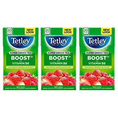 Image of Tetley Super Green Tea Boost Strawberry &amp; Raspberry Tea, Pack of 3, 60 Bags Total