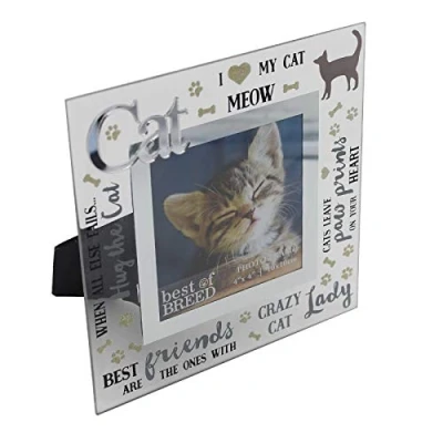 Image of Juliana Square Mirror Glass 3D Glitter Words Cat Photo Frame, Freestanding 4&#039;&#039; x Keepsake Gift
