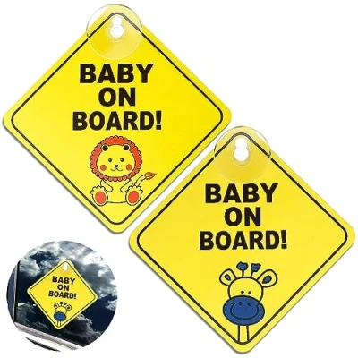 Image of Baby On Board Car Warning, 2 Pcs Sticker Sign for Warning with Suction Cups, Highly Visible Window, Yellow Cute Lion Giraffe Pattern