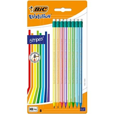 Image of BIC Evolution Graphite Pencils Pack of 8 HB with Eraser Colourful Stripe Design and Shock Resistant Lead