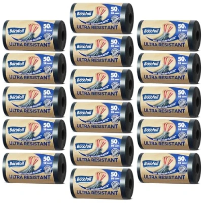 Image of Bacofoil Ultra Resistant Bin Liners with Drawstring Handles 50L Leak Proof and Tear Bag Protection Technology (16 Rolls, 160 Bags)…