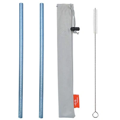 Image of TiTo 2Pcs Titanium Metal Straw Reusable Colorful Ultralight Drinking Straws with Cleaning Brush and Bag for Smoothie, Milkshake, Cocktail Hot Drinks(Blue, Straight)