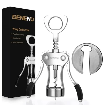 Image of Wine Opener with Stainless Steel Foil Cutter, Beneno Zinc Alloy Premium Wing Corkscrew Bottle Multifunctional Bottles Opener, Upgrade