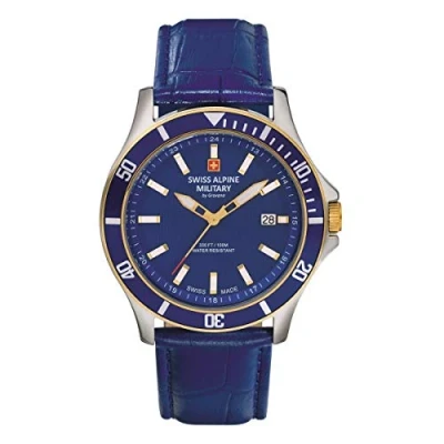 Image of Swiss Alpine Military Men&#039;s Watch Analogue Quartz 7022.1 Leather, Blue/bicolour/blue 1545sam, Strap.