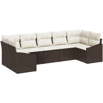 Image of vidaXL 7 Piece Garden Dining Set with Cushions Brown Poly Rattan