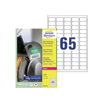 Image of AVERY Zweckform B7651 50 Heavy Duty Film Labels (3,250 Stickers, 38 x 21 mm on A4, Extremely Strong Self Adhesive, for Difficult Surfaces, Printable Outdoor Adhesive Film) Sheets, White