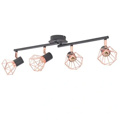 Image of vidaXL Industrial Ceiling Lamp with 4 Spotlights Black and Copper Coloured Iron Wire Shades E14 Bulb Compatible Easy to Mount Metal Base
