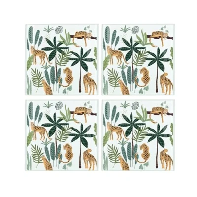 Image of Leopards Coaster Set Square Glass Jungle Leaves Big Cats Print of Four (4) Coasters