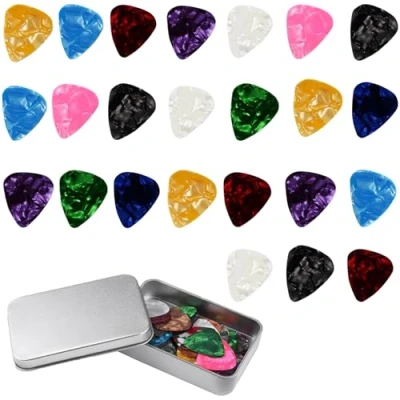 Image of Guitar Picks 24 pcs, Plectrums Bass Celluloid Style Heart Picks, 4 Different Thickness Colorful Non slip for Electric, Acoustic, or Guitars(0.5mm 0.75mm 1.0mm 1.2mm)