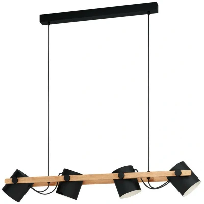 Image of EGLO Hornwood pendant lamp, 4 light vintage lamp in industrial design, retro made of metal and wood, colour: black, cream, brown, socket: E27