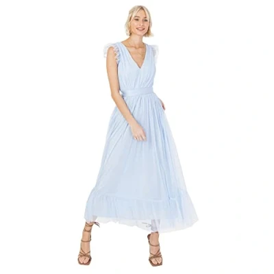Image of Anaya with Love Ladies Midaxi Dress for Women V Neckline Sleeveless Frilly Wedding Guest Bridesmaid Prom Long High Empire Waist Tiered Light Blue Size 18