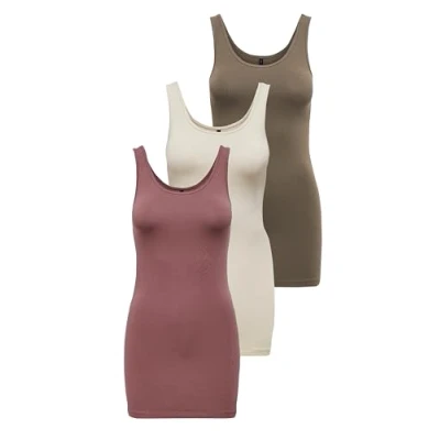 Image of ONLY Women&#039;s Onllive Love Long Tank Top 3 Pack for Women, Walnut/Rose Brown/Birch, XS