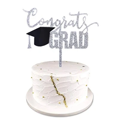 Image of Silver Acrylic Congrats Grad Cake Topper for 2024 Graduation Party Decorations