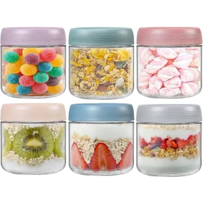 Image of TempFoo Overnight Oats Jar Container set 6, 350ml Glass Mason Jars with Lids, Cereal Milk Vegetable Fruit Salad Jam Protein Porridge Clear Storage Containers, Breakfast Pots Lid