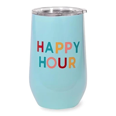 Image of kate spade new york Insulated Stainless Steel Wine Tumbler, 16 Ounce Double Wall Stemless Travel Cup with Lid (Happy Hour)
