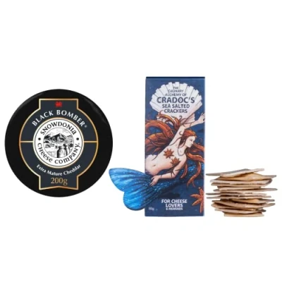 Image of Great British Trading Cheese and Crackers Gift Hamper with 200g Snowdonia Black Bomber 80g Cradocs Sea Salted Crackers. Gifts Box Ideal for Any Occasion
