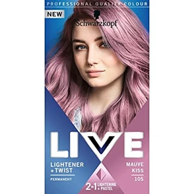 Image of Schwarzkopf LIVE Lightner &amp; Twist Mauve Kiss Permanent Hair Dye and Lightener Kit 105, Pastel Colour with 2 in 1 Formula, Lightening Long Lasting One Simple Step