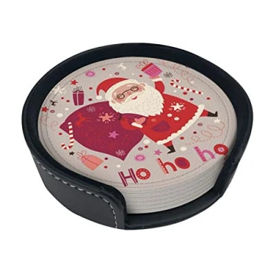 Image of Round Coasters, Christmas Santa,Mugs Pad Cups Mat Set of 6 Leather Drinks Coasters with Holder