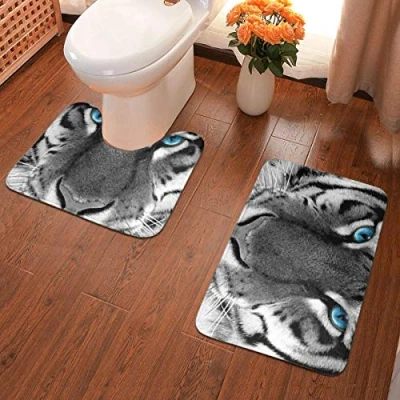 Image of Bath Mat Set 2 Piece Non Slip Pedestal and Toilet Bathroom Rug New, White Tiger