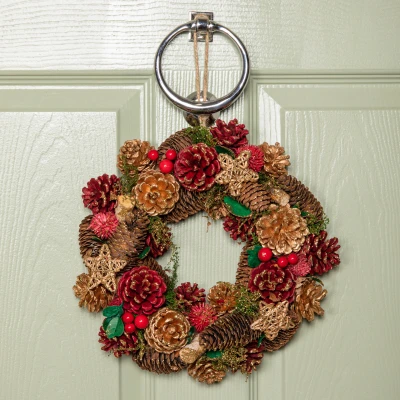 Image of 30cm Red Hanging Christmas Wreath with Berries and Pinecones