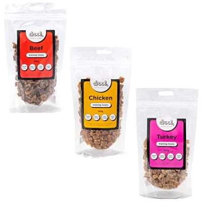 Image of Drool Pet Products 100% Pure Dried Fresh Meat Beef Chicken &amp; Turkey Triple Pack Training Treats for Dogs 3 x 150g Air Nibbles Dog Chews Puppies