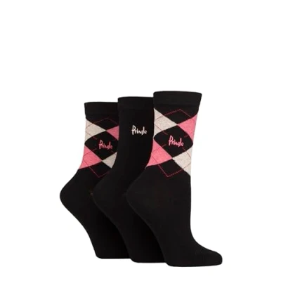 Image of Women&#039;s 3 Pair Pringle Gift Boxed Louise Plain and Argyle Cotton Socks Black / Pink 4 8