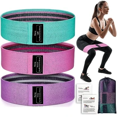Image of RenoJ Exercise Bands, Resistance Bands for Women, 3 Set Pilates Booty Fabric Fitness, Workout, Yoga, Training, Gym, Home (Pink)