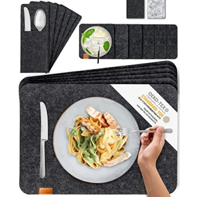 Image of MIQIO® Scandi Style Felt Place Mats with real Leather Label Washable Set of 6 Placemats 44x30 cm, Cuttlery Bags, Glass Coasters Table for Easter Decoration Dark Grey