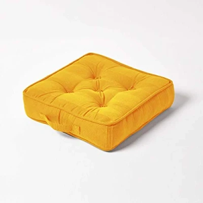 Image of HOMESCAPES Rajput 100% Cotton Floor Cushion Mustard 40 x 8 cm Square Indoor Garden Dining Chair Booster Seat Pad