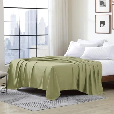 Image of Cathay Luxury Silky Soft Polyester Single Flat Sheet, Full Size, Sage
