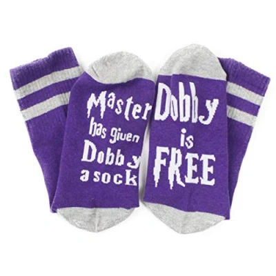 Image of FABSELLER Unisex Novelty Socks Dobby Is Free Knitted Words Cotton Gift for Women Men Funny Socks, Purple