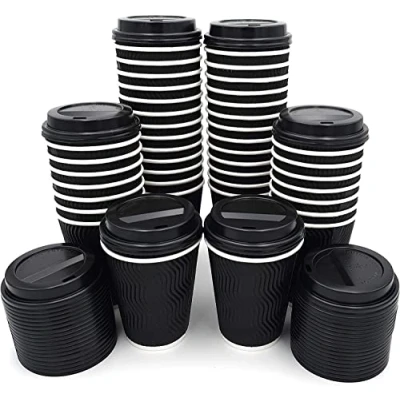 Image of 8 Oz Takeaway Coffee Cups with Lids Disposable Insulated Triple Wall Ripple Kraft Paper for Coffee, Tea or hot Liquids (100)