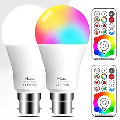 Image of Mobri B22 LED Colour Changing Light Bulbs with Remote Control, 75 Watt Equivalent Bayonet Timing, Memory &amp; Sync, 120 Multi RGB Colours + Daylight White,2 Pack