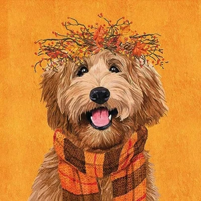 Image of 20 Napkins Autumn Dog with Crown and Scarf as Table Decoration Paper Motif Also for Decoupage 33 x cm