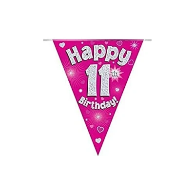 Image of OAKTREE UK 630628 Party Bunting Happy 11th Birthday Pink Holographic 11 Flags 3.9m
