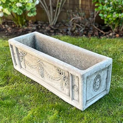 Image of LARGE DECORATIVE STONE TROUGH OUTDOOR PLANTER WITH DRAINAGE HOLE CONCRETE GARDEN ORNAMENT HERB