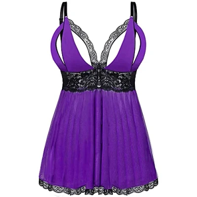 Image of EVELIFE Women Sexy Plus Size Babydoll Dress Lace Lingerie Chemise Nightwear Set with G String(Purple, XX Large)