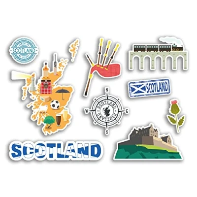 Image of A5 Sticker Sheet Scotland Vinyl Stickers Scottish Landmark Holiday City Country Airport Map Flag Food #77533