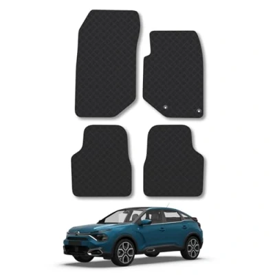 Image of Rubber Car Mats Compatible with Citroen C4 (2020 ) Tailored Fit Floor Set Accessory Black Custom 4 Pieces Clips Anti Slip Backing, Heavy Duty &amp; Waterproof