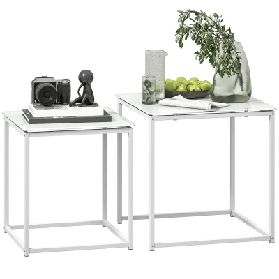 Image of HOMCOM Nest of Tables, Set 2 Coffee Table, Side Tables with Tempered Glass Desktop and Metal Frame for Living Room, Bedroom, Office, White