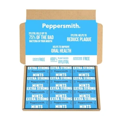 Image of Peppersmith Extra Strong Mints Sugar Free 100% Plant Based Xylitol Natural Sweetener Eucalyptus Freshens Breath Benefits Oral Health Pocket Packs 12x15g